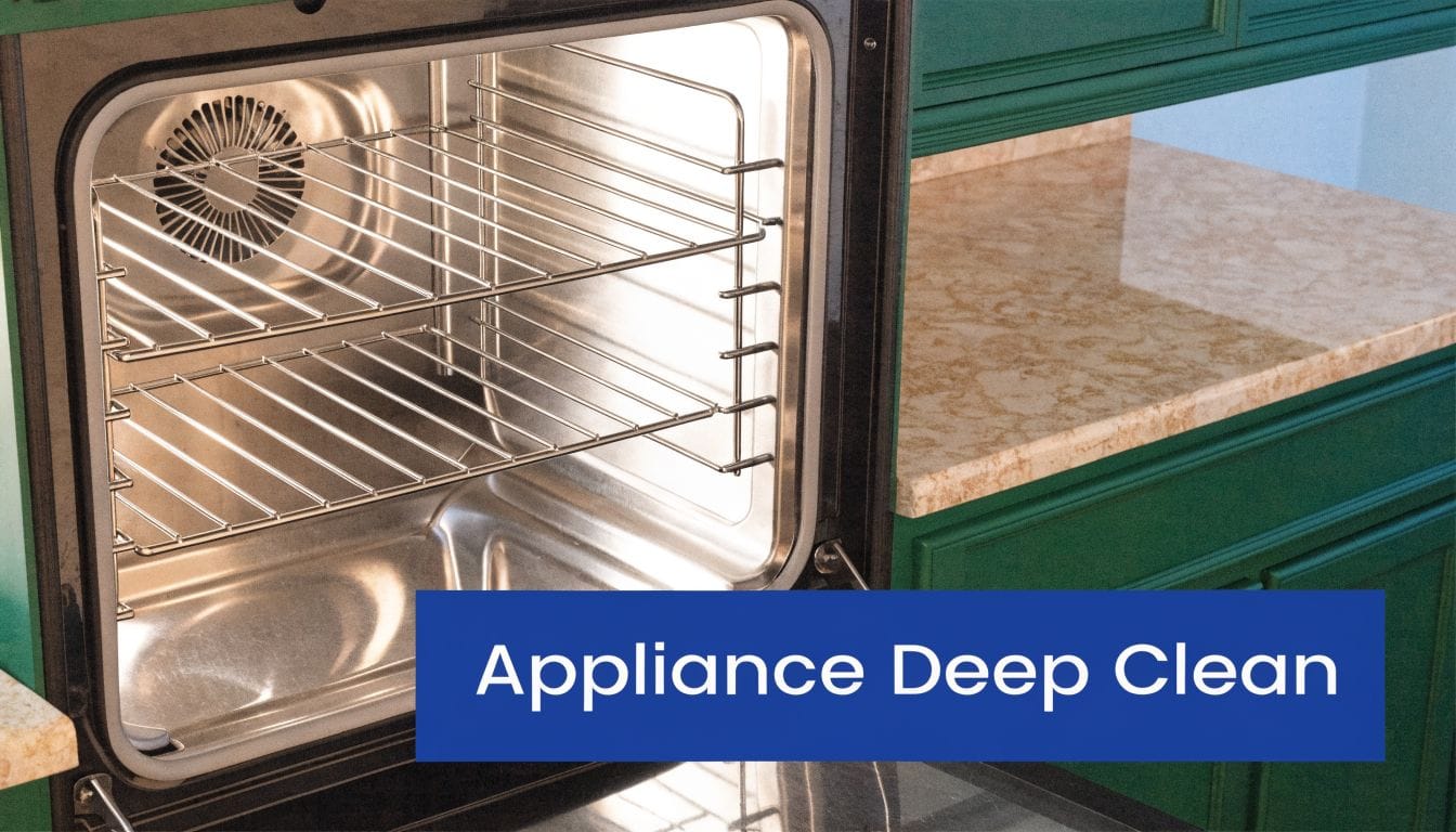 A clean, empty oven interior and kitchen counter surface, showcasing professional appliance deep cleaning services.