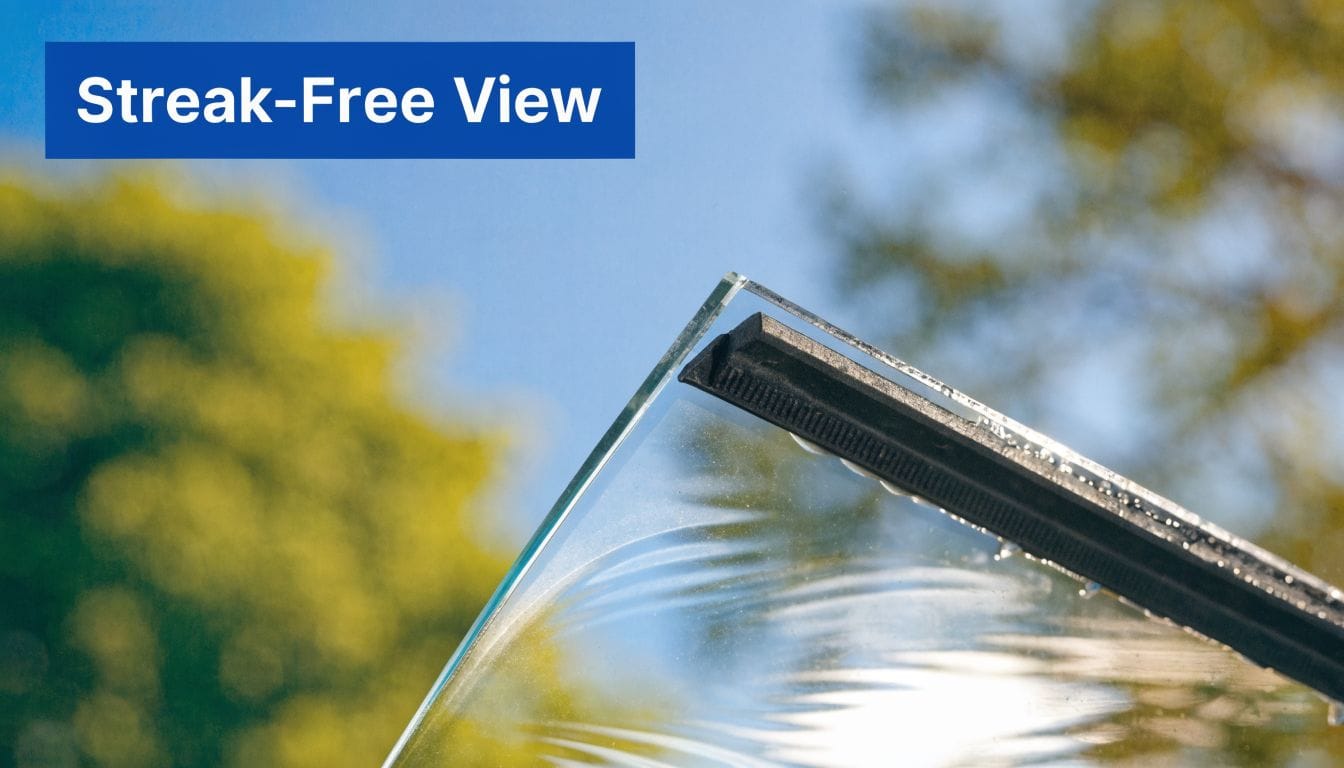 A close-up view of a windshield wiper cleaning a piece of glass to ensure a streak-free view.