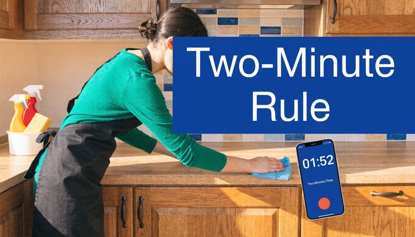 A person in a green shirt cleaning a wooden kitchen counter with a two-minute timer displayed.