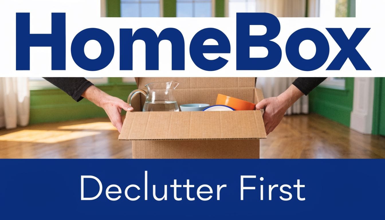 A person holding a cardboard box filled with kitchenware, representing the first step of home decluttering.