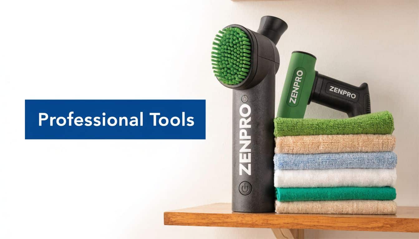 Two ZenPro electric cleaning brushes sitting on a wooden shelf next to a stack of folded towels.