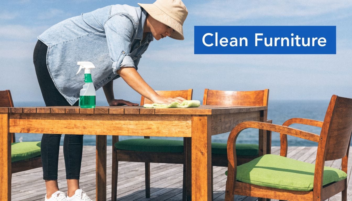 A person wearing a bucket hat cleaning a wooden outdoor dining table with a spray bottle and cloth.