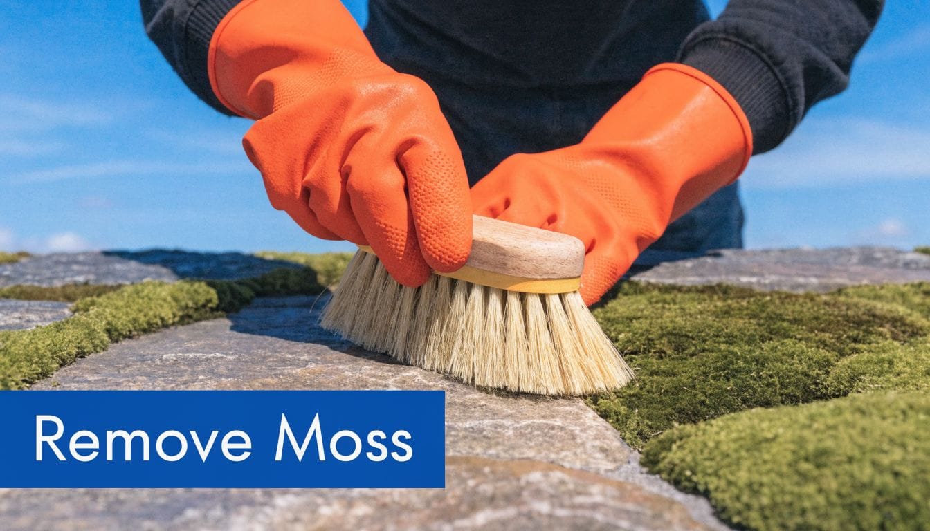 A person wearing orange rubber gloves uses a brush to scrub moss from a stone surface.