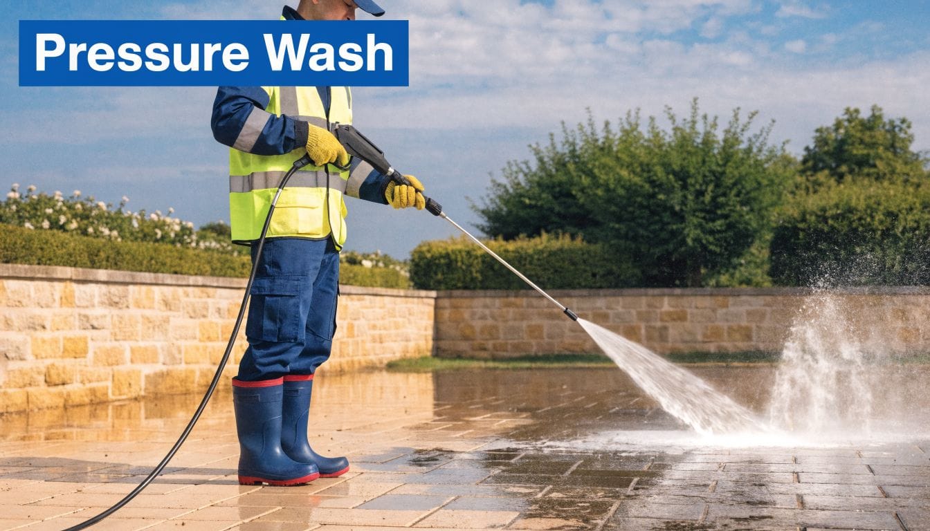A professional worker using a high-pressure washer to clean stone pavers in a backyard garden.