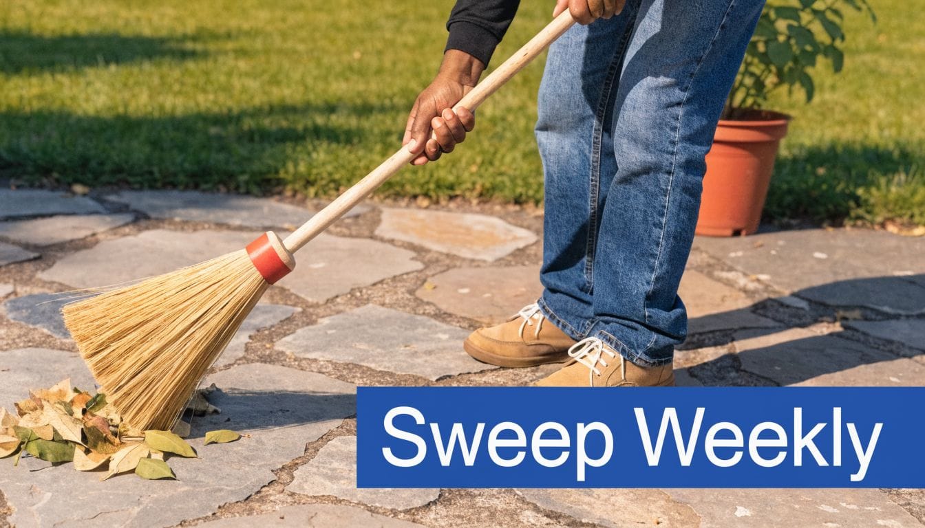 A person sweeping dry autumn leaves from a stone patio with a traditional straw broom.