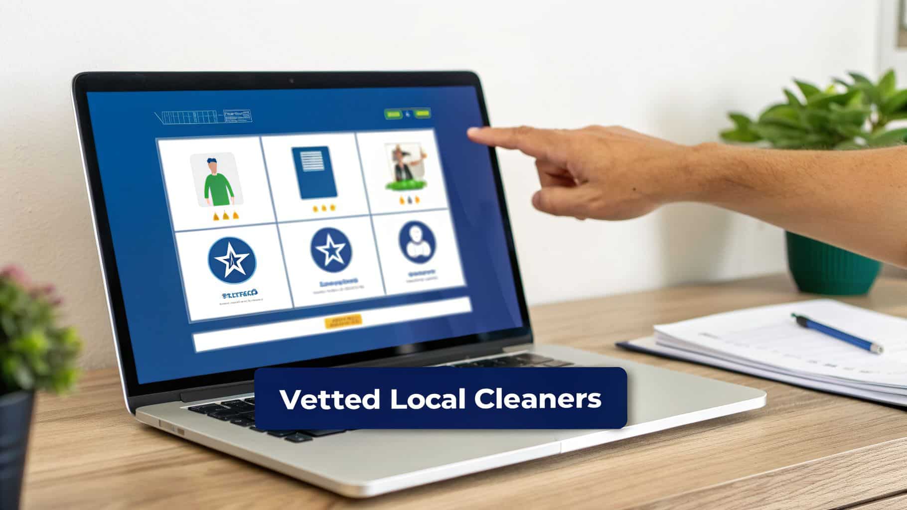 Cleaner Connect A person's hand interacts with a laptop screen displaying various service icons and the text 'Vetted Local Cleaners'.