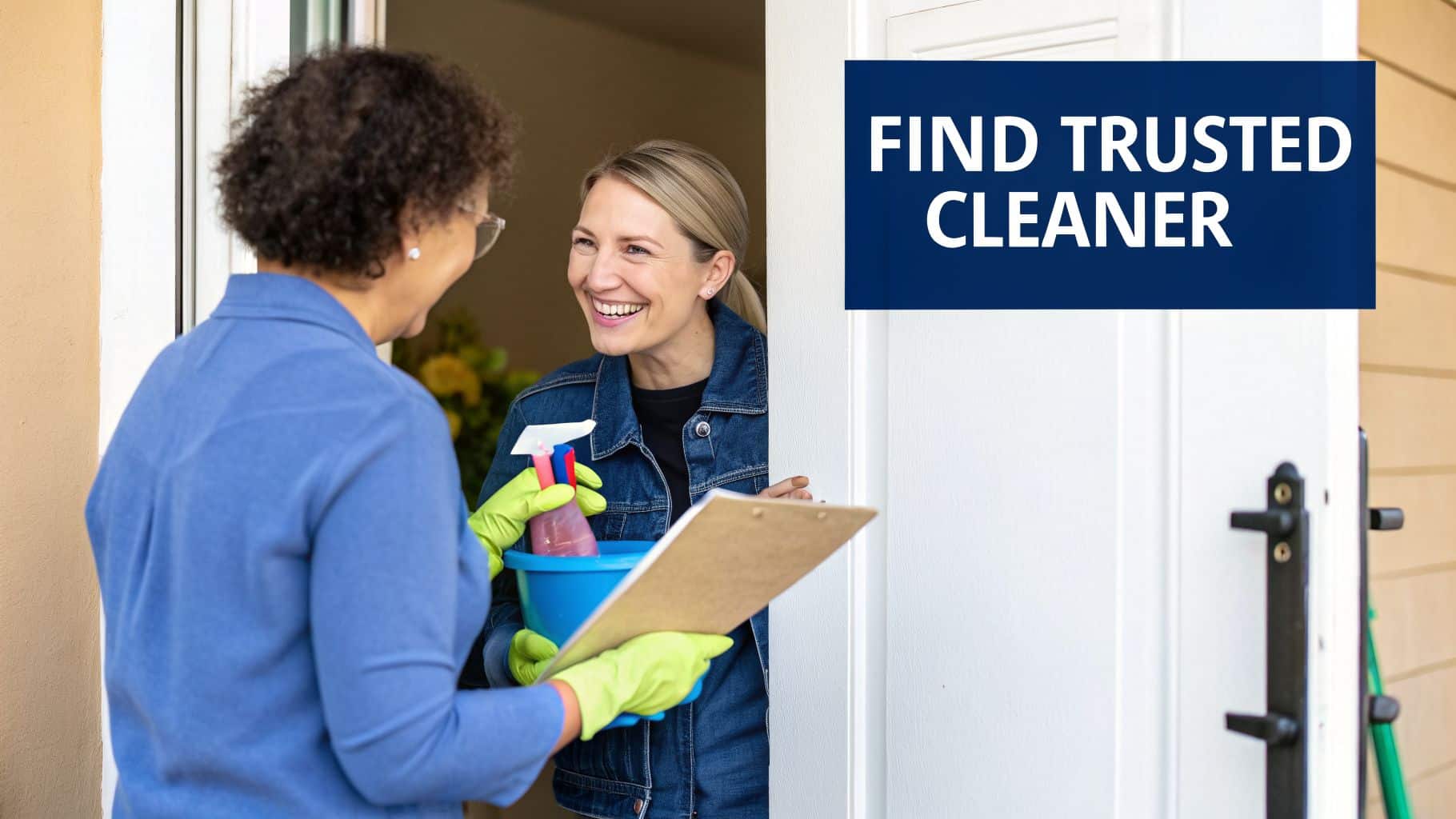 Cleaner Connect A smiling cleaner holding supplies talks to a happy client at a home doorway.