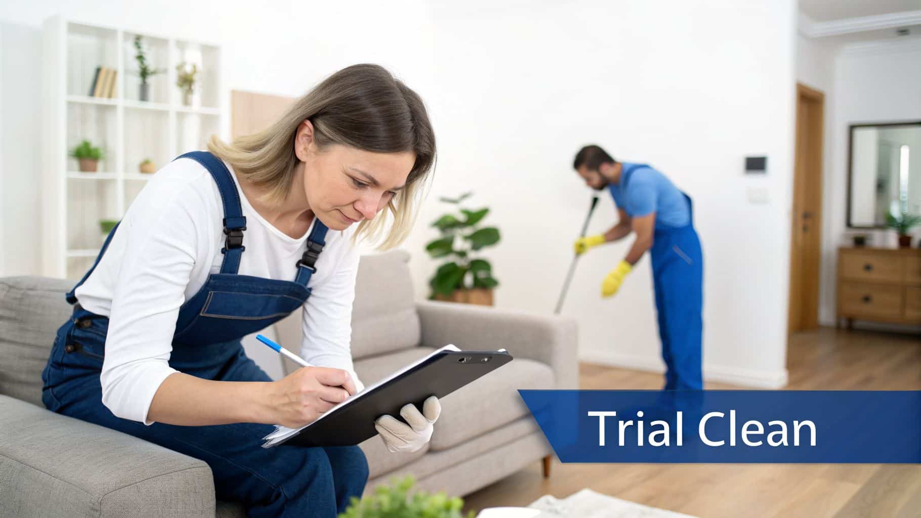Cleaner Connect Professional cleaners at work: woman reviews checklist on couch, man mops floor in background.