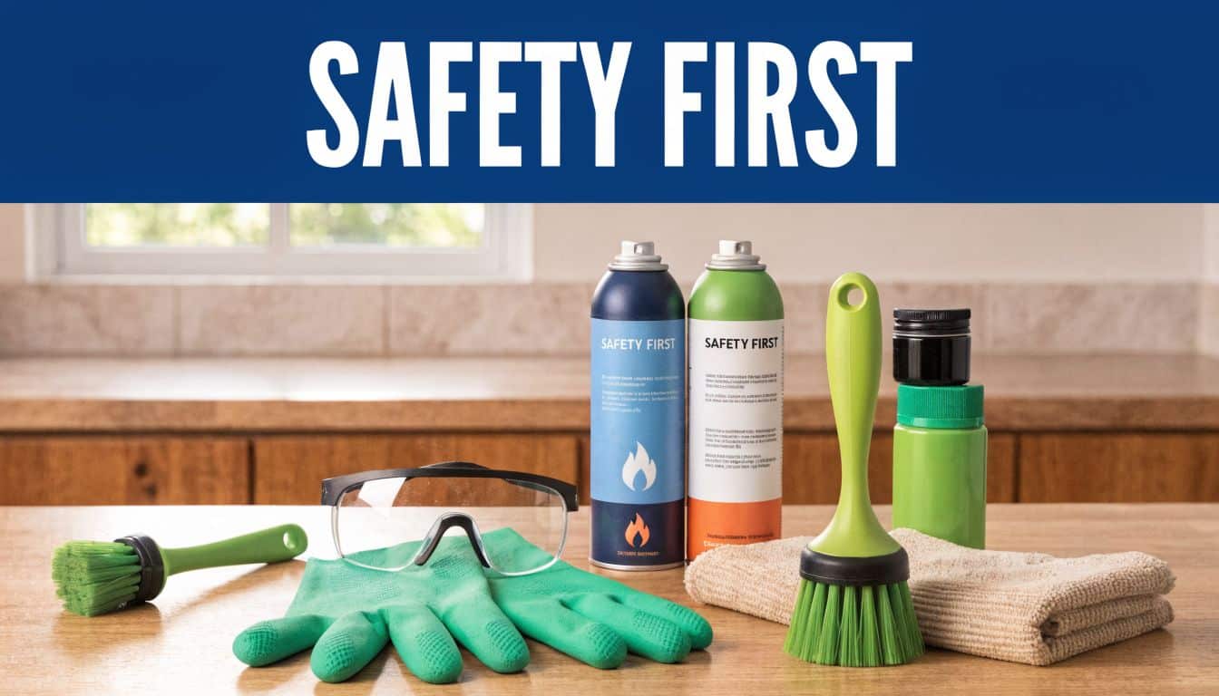 Cleaning supplies including green scrub brushes, protective eyewear, rubber gloves, and spray cans on a wooden surface.