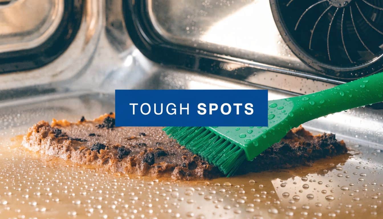 A green scrubbing brush cleaning burnt food residue off the metal surface of a dirty oven.