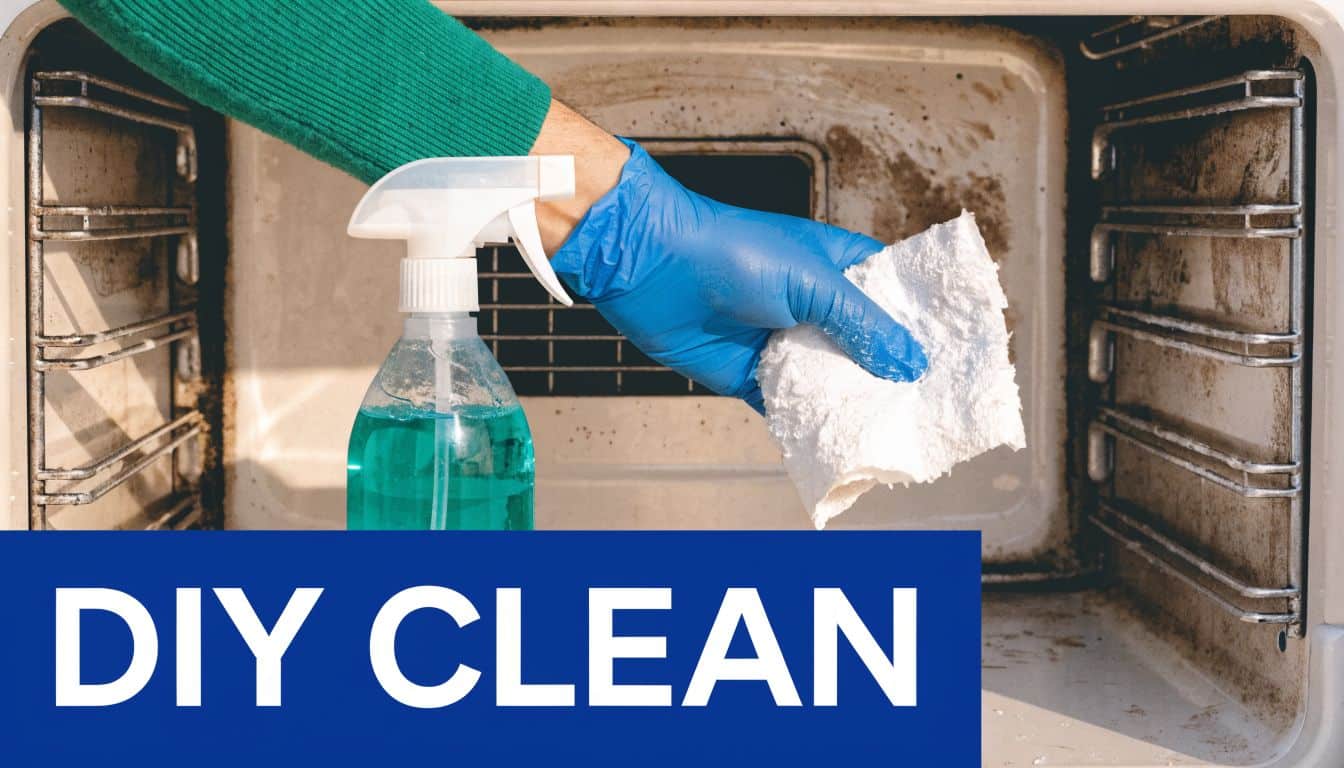 A person wearing blue gloves using a spray bottle and cloth to clean a dirty oven interior.
