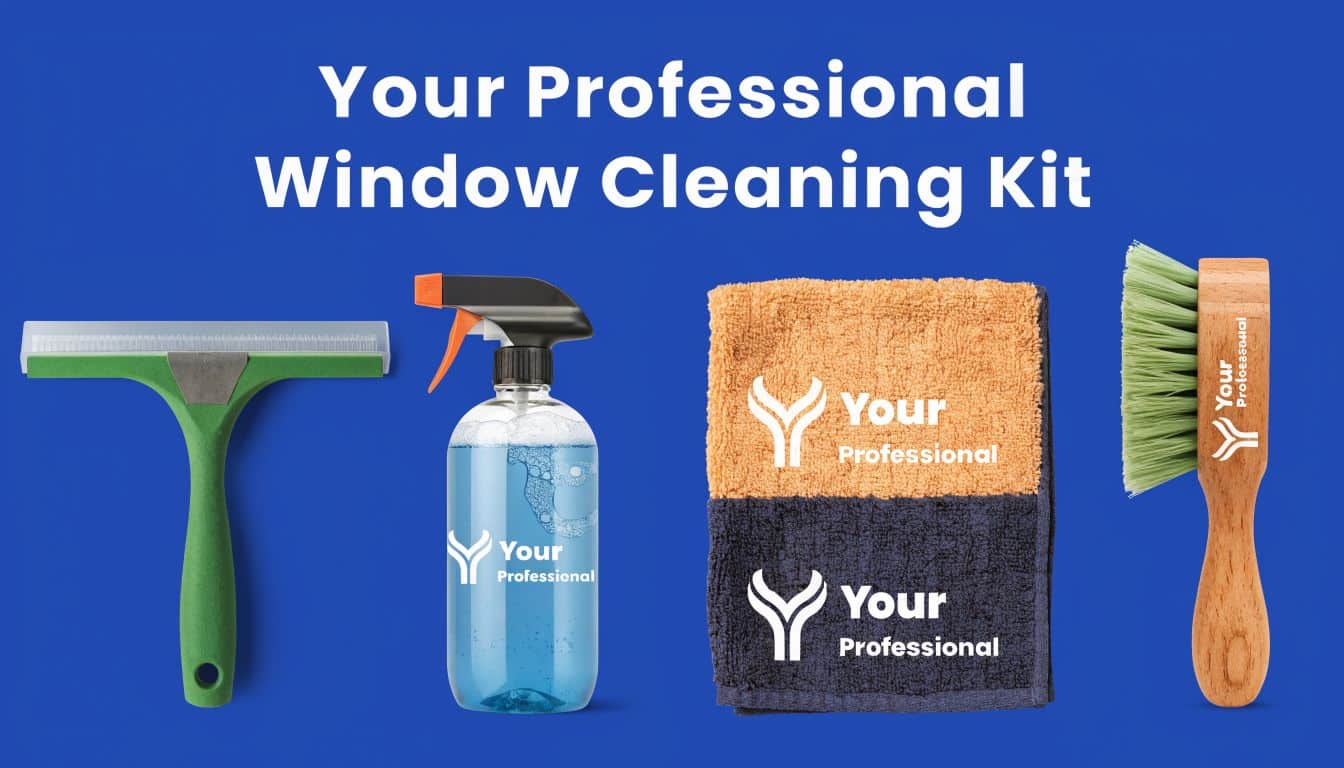 A professional window cleaning kit including a squeegee, spray bottle, microfiber towel, and wooden scrub brush.
