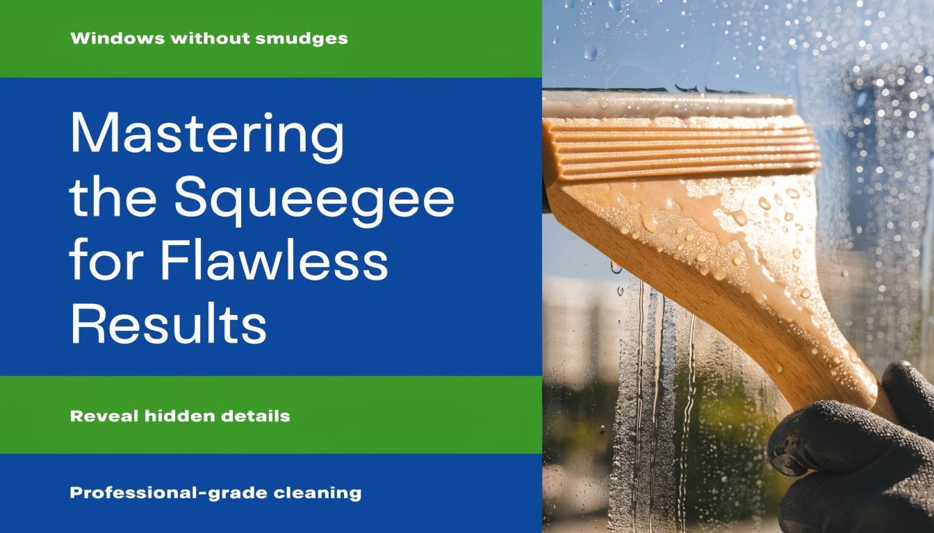 A gloved hand uses a wooden squeegee to clean streaks from a glass window under sunlight.