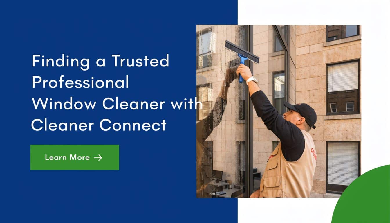 A professional window cleaner wearing a vest uses a squeegee to clean a tall glass building window.