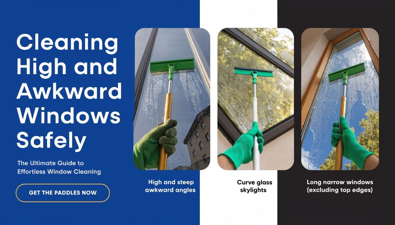 A person using a telescopic pole with a green squeegee to clean high, awkward, and skylight windows.